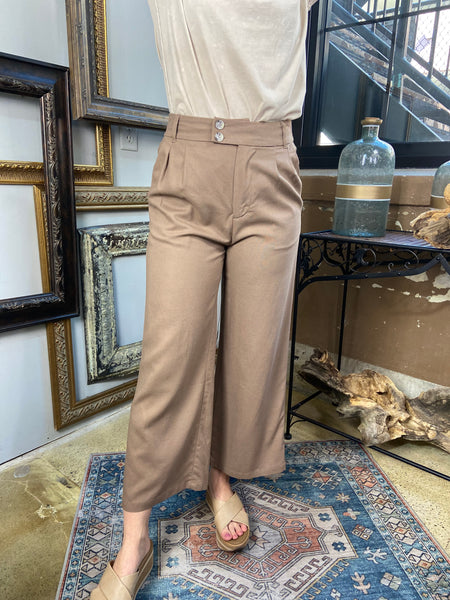 sylvie mocha  linen pants with pockets double button linen pants paired with cream shirt