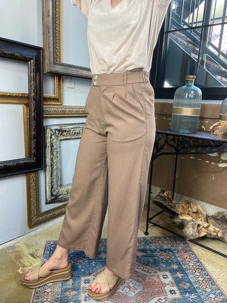 sylvie mocha  linen pants with pockets double button linen pants paired with cream shirt