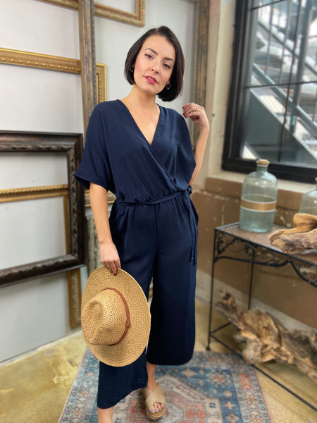 tallie navy blue front or side tie wide leg v neck wrap around t shirt cropped leg jumpsuit