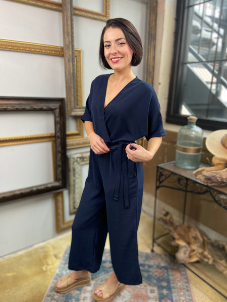 tallie navy blue front or side tie wide leg v neck wrap around t shirt cropped leg jumpsuit