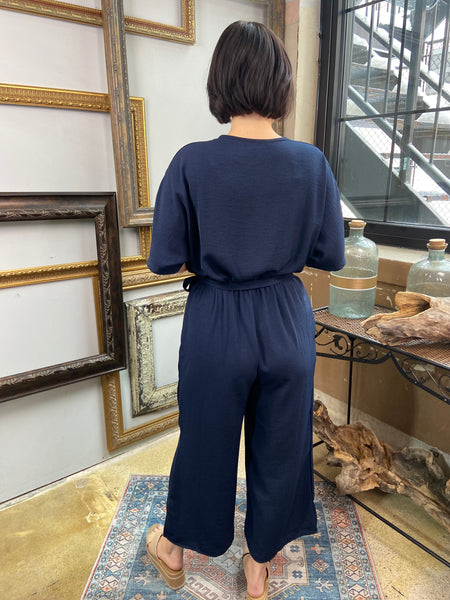 tallie navy blue front or side tie wide leg v neck wrap around t shirt cropped leg jumpsuit