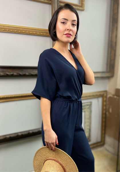 tallie navy blue front or side tie wide leg v neck wrap around t shirt cropped leg jumpsuit