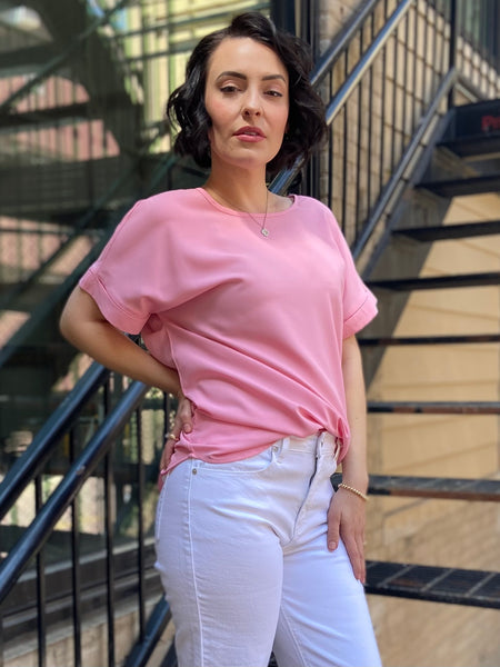 viv pink oversized fit t shirt cuffed sleeves