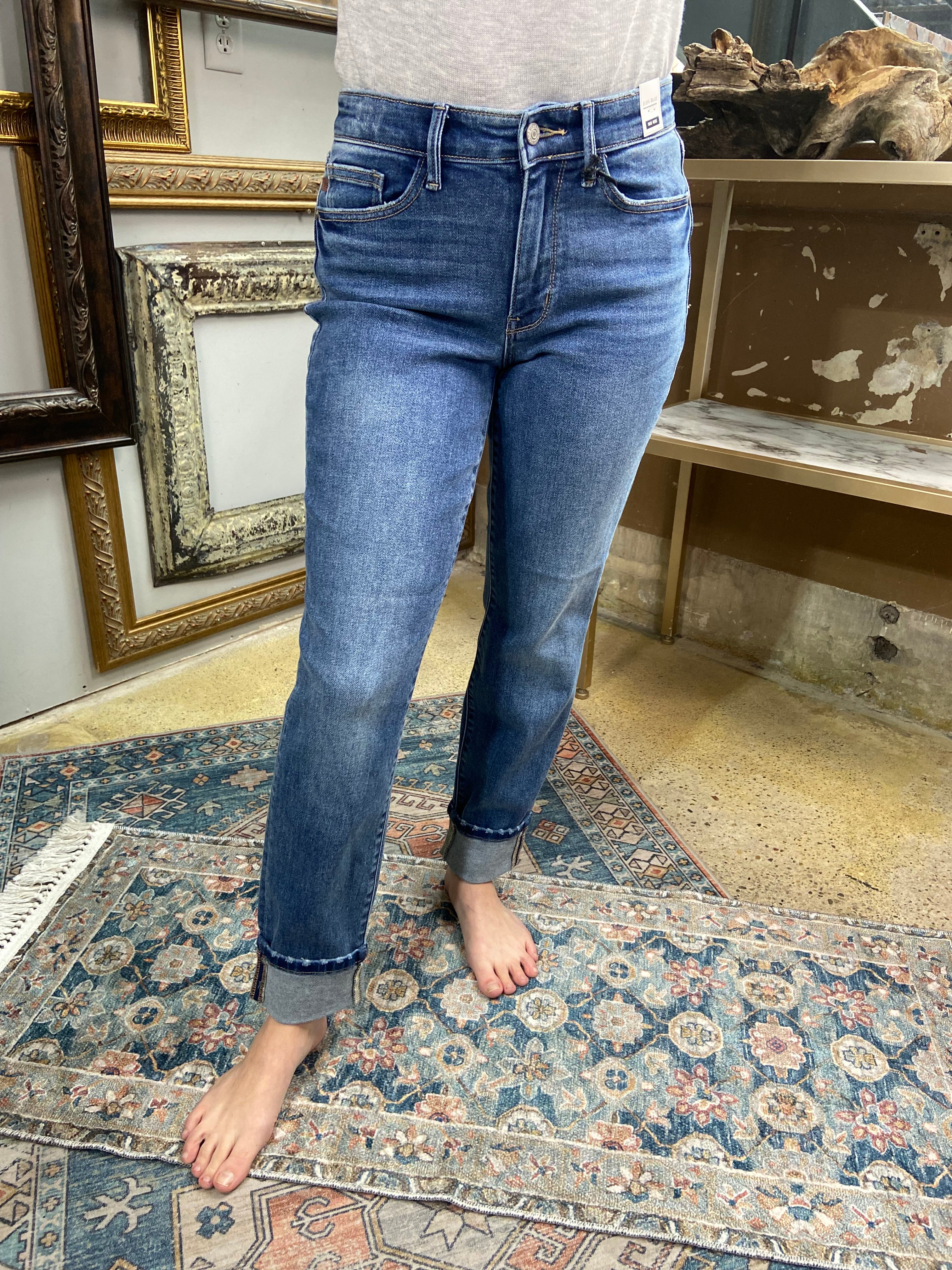 judy blue jeans boyfriend fit cuffed bottom dark to medium wash paired with gray long sleeve