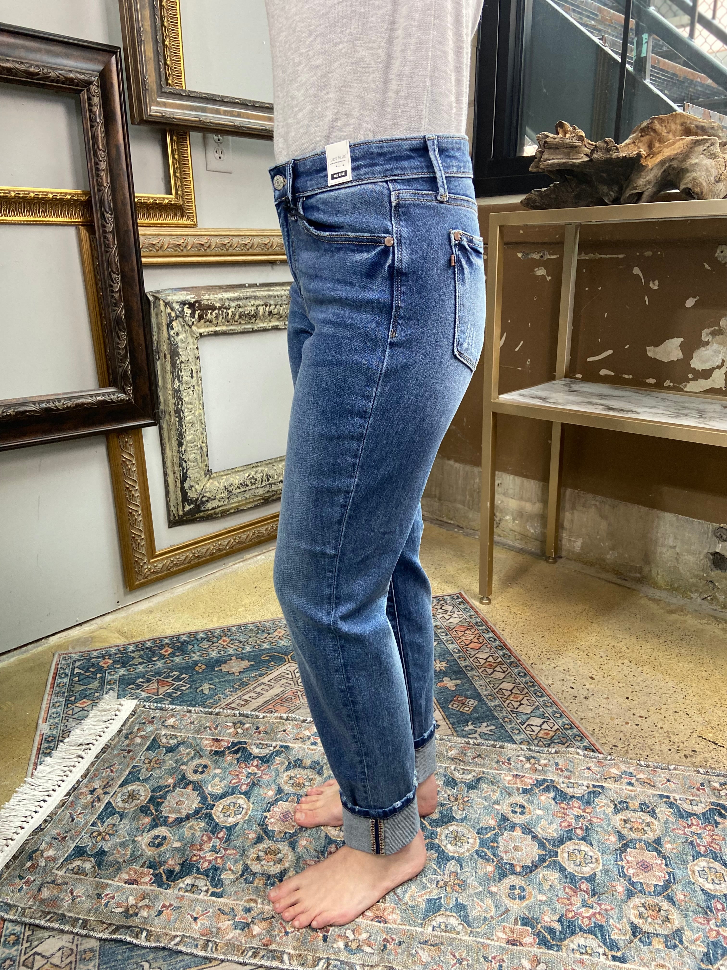 judy blue jeans boyfriend fit cuffed bottom dark to medium wash paired with gray long sleeve