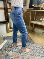 judy blue jeans boyfriend fit cuffed bottom dark to medium wash paired with gray long sleeve