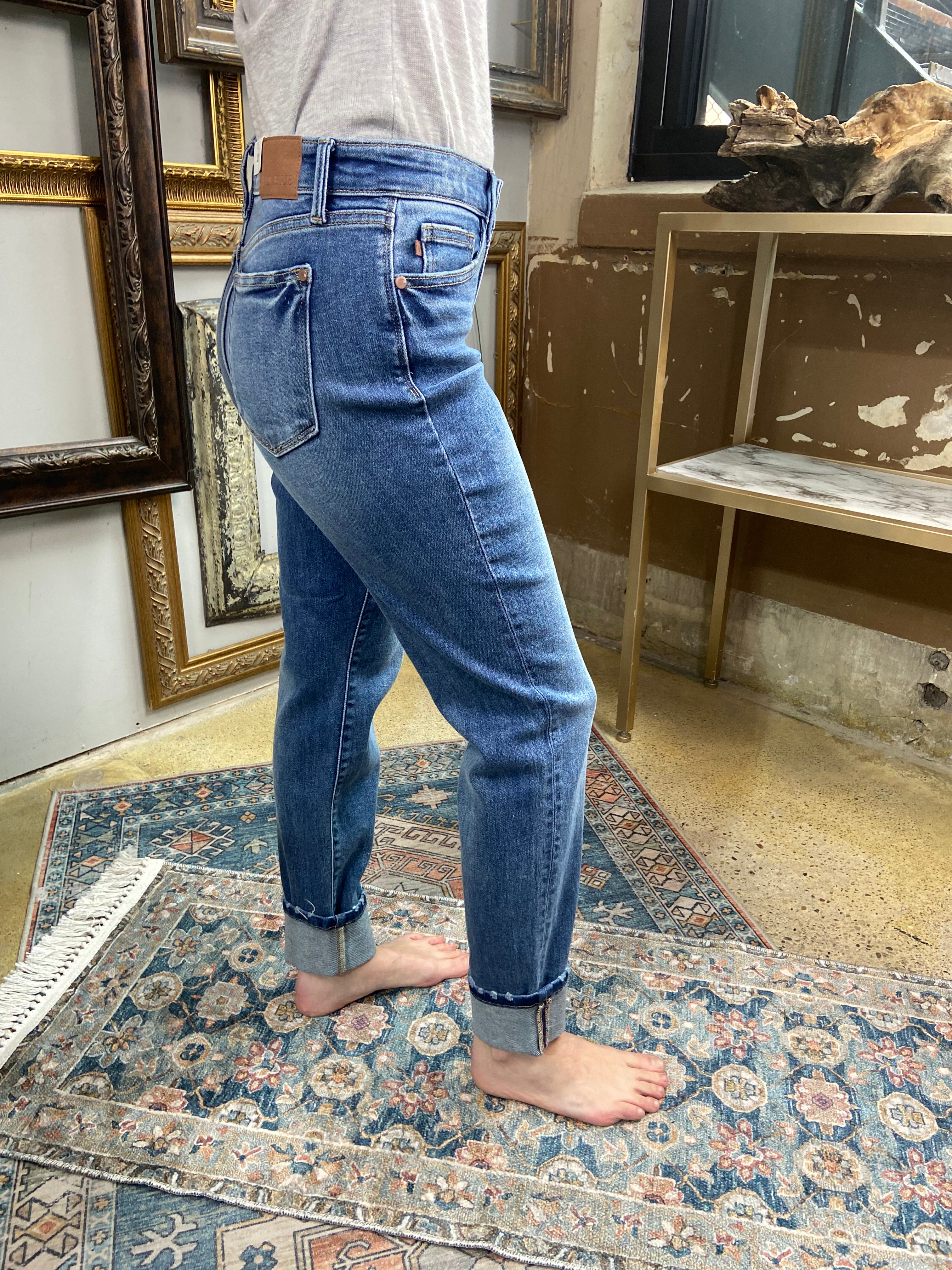 judy blue jeans boyfriend fit cuffed bottom dark to medium wash paired with gray long sleeve