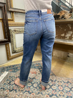 judy blue jeans boyfriend fit cuffed bottom dark to medium wash paired with gray long sleeve