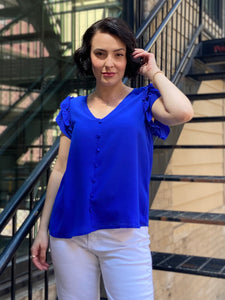 zelda royal blue button detail v neck flutter sleeve blouse