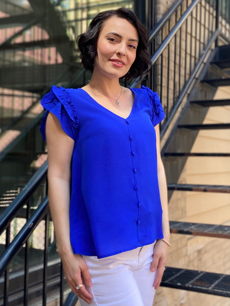 zelda royal blue button detail v neck flutter sleeve blouse