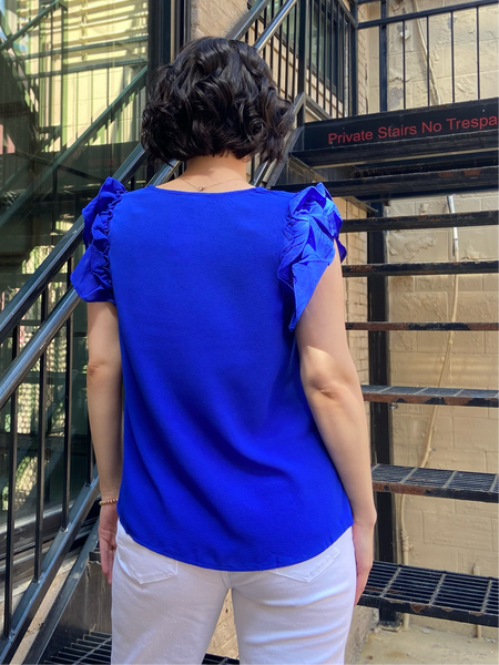 zelda royal blue button detail v neck flutter sleeve blouse
